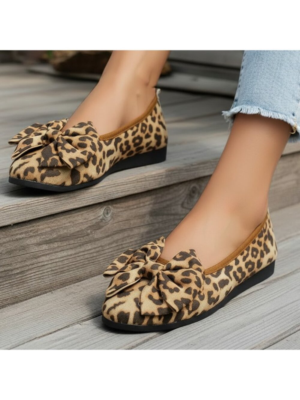 Oversized Bow Statement Leopard Ballet Flats Dramatic Round Toe Slip-On Shoes